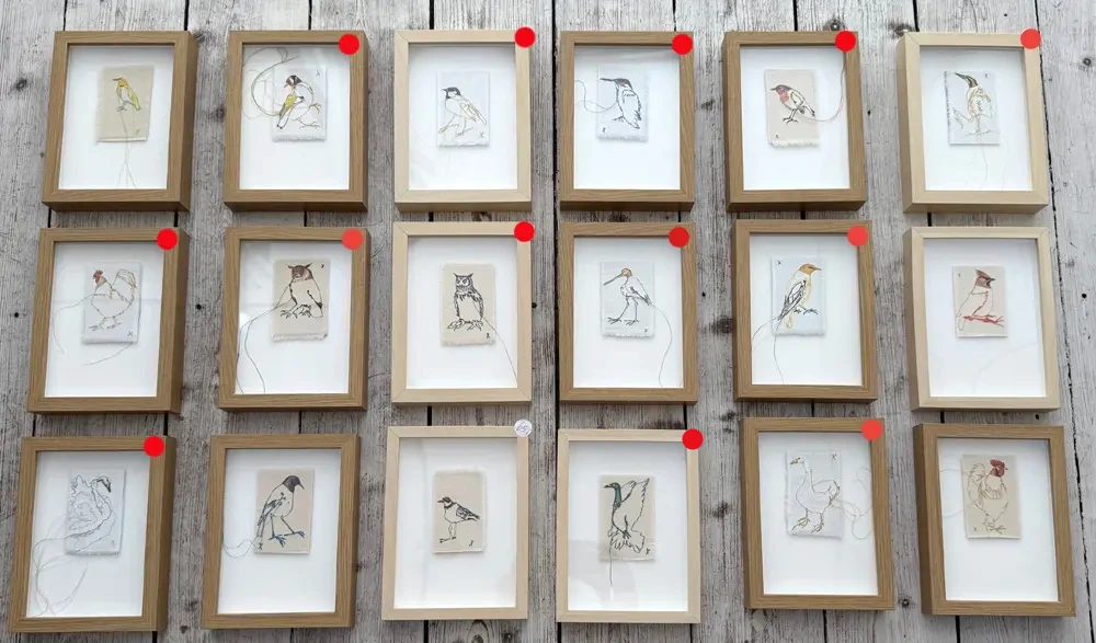 Judith Koning, Mini vogels, 65 euro, Mixed media on linen in wooden frame, 20x15x3 cm incl. frame