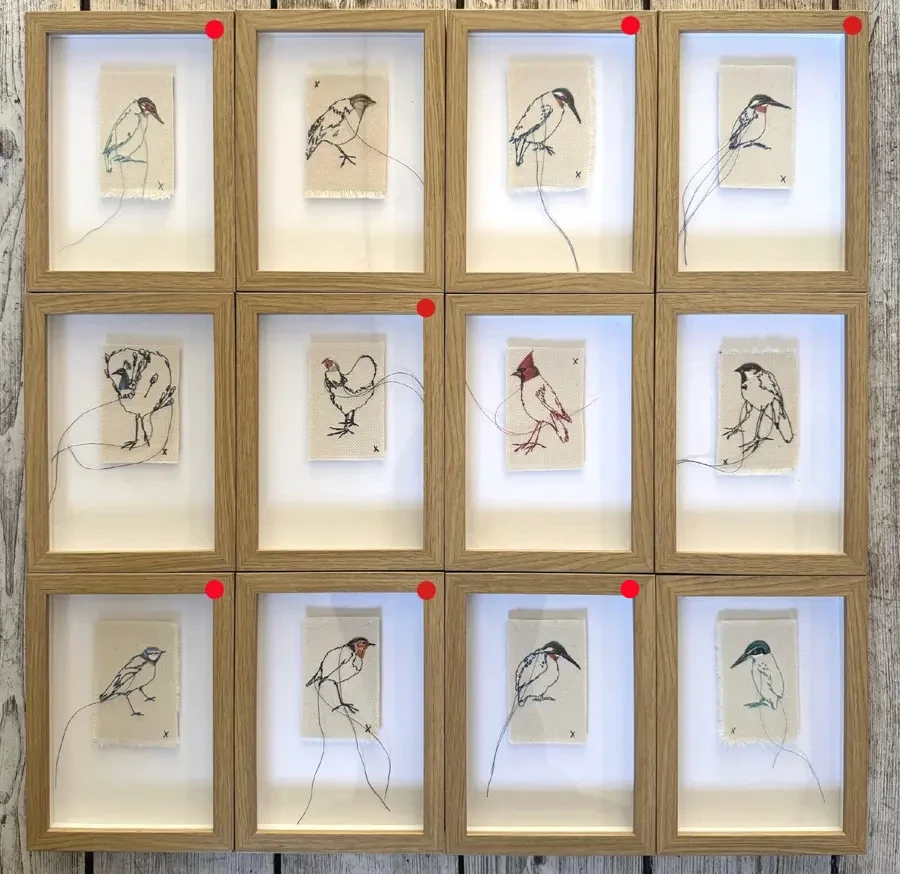 Judith Koning, Mini vogels, 65 euro, Mixed media on linen in wooden frame, 20x15x3 cm incl. frame