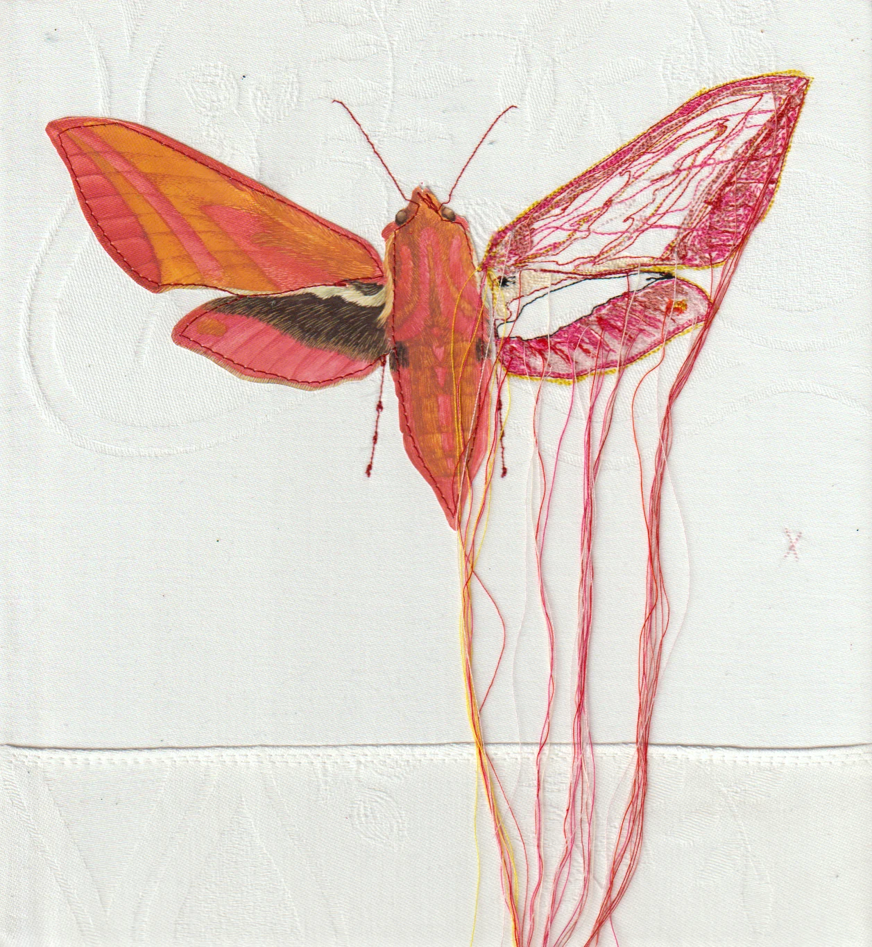 Judith Koning, Mot, 150 euro, Mixed media on vintage damask, unframed, 24x22 cm