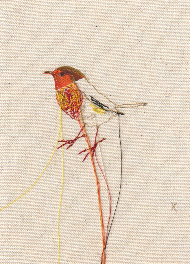 Judith Koning, Roodborstje, 110 euro, Mixed media on linen, unframed, 12x17 cm