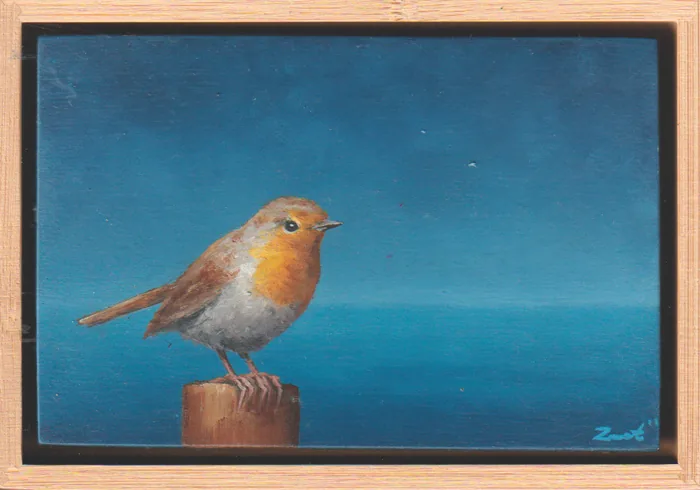 Marc van der Zwet, Roodborst is bijzonder, 320 euro, Oil on panel in wooden frame, 14,7x9,7 cm