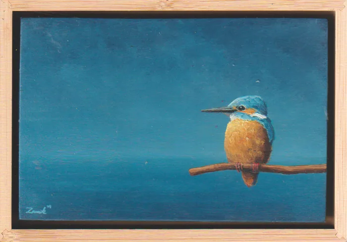 Marc van der Zwet, Rustige ijsvogel met horizon, 320 euro, Oil on panel in wooden frame, 14,7x9,7 cm