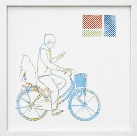 Renee Toonen, Dagelijks leven met pinguin, 165 euro, Mixed media with map and cross-stitches in white frame, 30x30