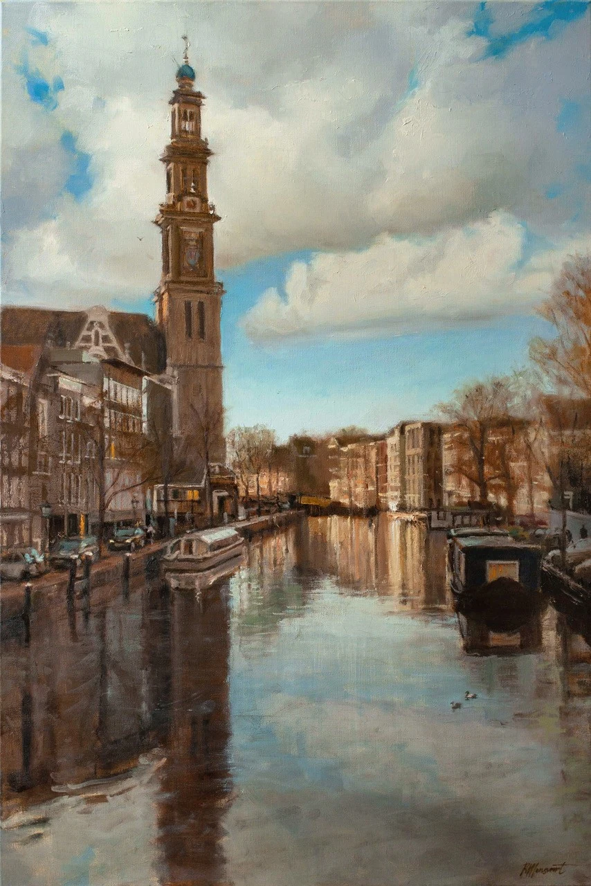 Richard van Mensvoort, Westertoren aan de Prinsengracht, 4250 euro, Oil on linen in wooden frame, 120x80 cm