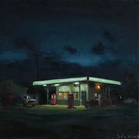 Serge de Vries, Tankstation met neonverlichting, 700 euro, Oil on panel, unframed, 18,5x18,5 cm