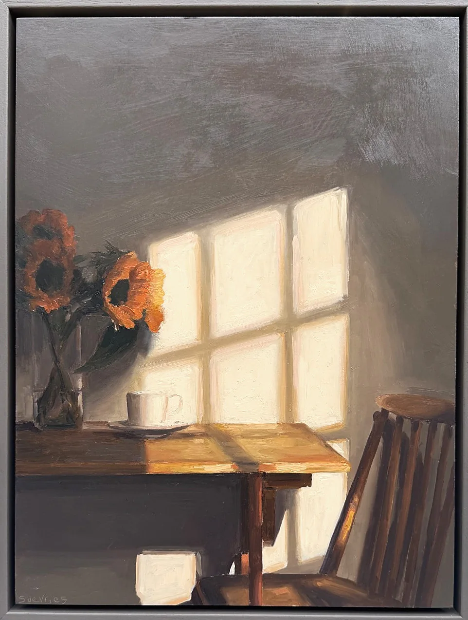Serge de Vries, Zonnebloemen bij raam 2, 950 euro, Oil on panel in wooden frame, 40x30 cm