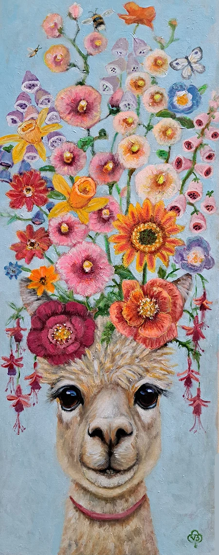 Vilma van den Berg, Alpaca met veldboeket, 1275 euro, Acrylic on canvas in wooden frame, 100x40 cm