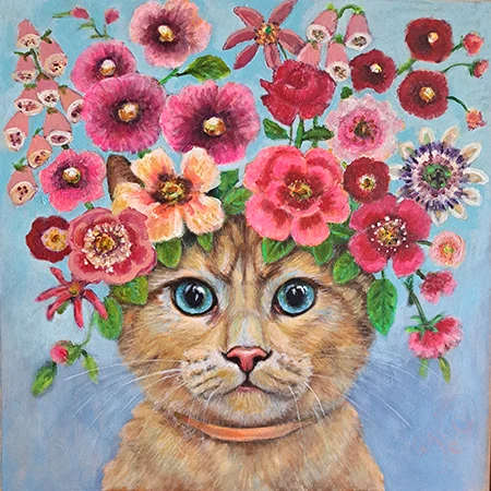 Vilma van den Berg, Kat met roze bloemen, 895 euro, Acrylic on canvas in wooden frame, 50x50 cm