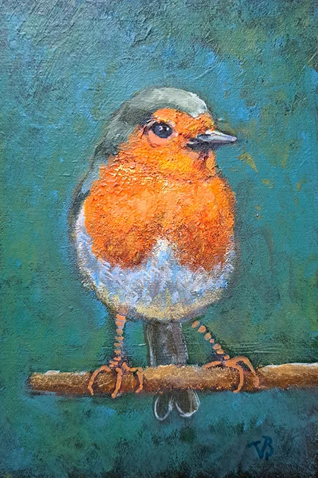Vilma van den Berg, Roodborst groen en goud, 95 euro, Acrylic on panel, unframed, 10x15 cm