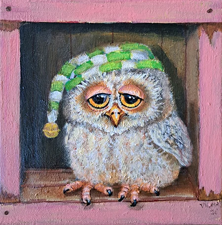 Vilma van den Berg, Uiltje knappen, 210 euro, Acrylic on canvas, 20x20 cm