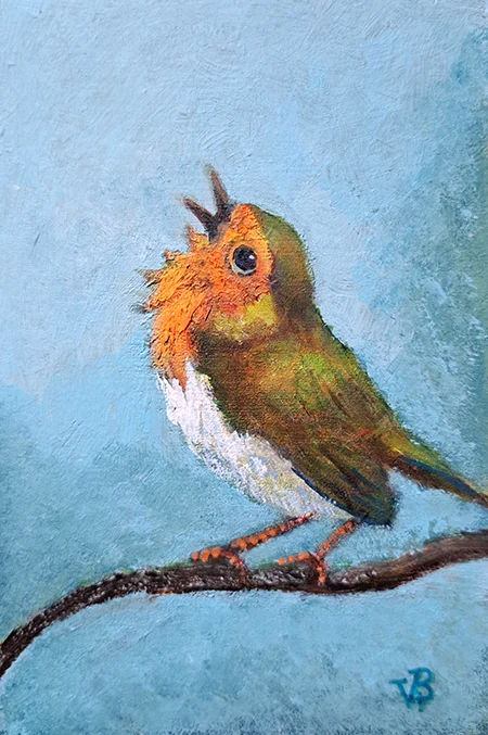 Vilma van den Berg, Zingende roodborst, 95 euro, Acrylic on panel, unframed, 10x15 cm