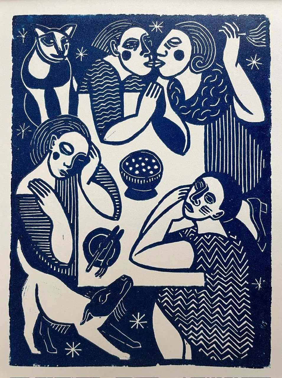 Aline Jansma, De verjaardag, 150 euro, Linocut in frame, 23x23 cm