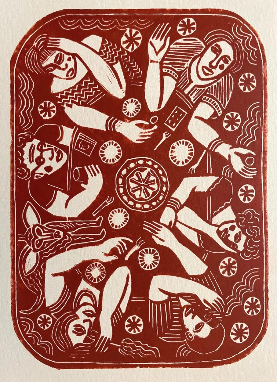 Aline Jansma, Taart en Chinese thee, 150 euro, Linocut (red) in white frame, 30x24 cm