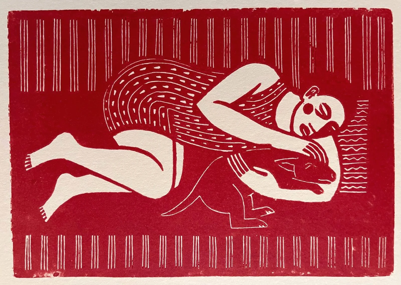 Aline Jansma, Zondagmiddag, 150 euro, Linocut (red) in wooden frame, 18x24 cm