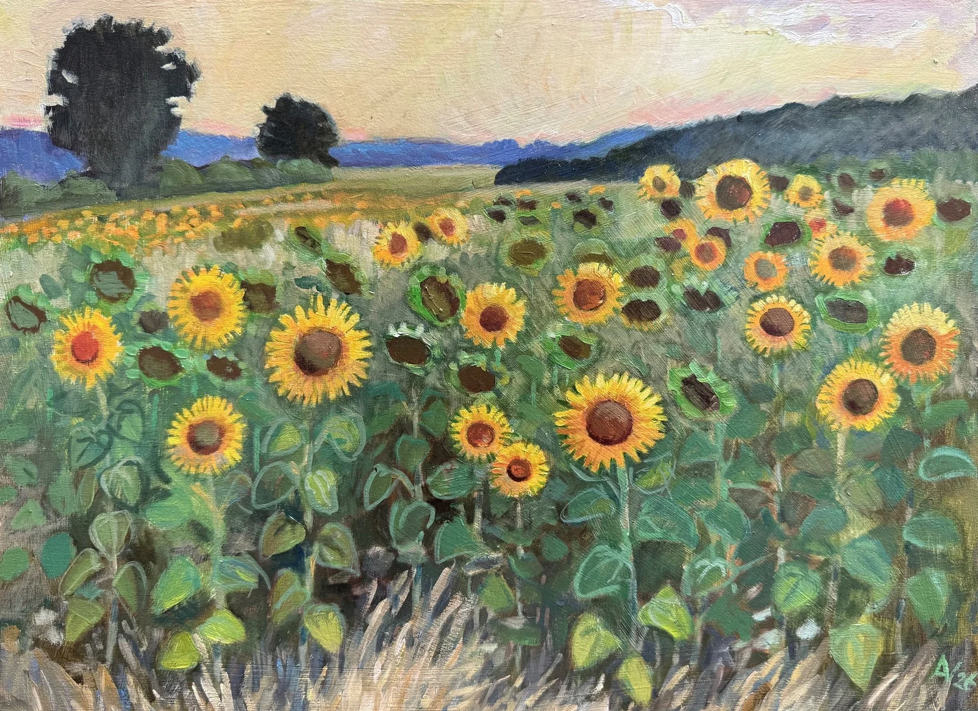 Annemarie Verschoor, Zonnebloemen, 500 euro, Oil on panel, unframed, 44x32 cm