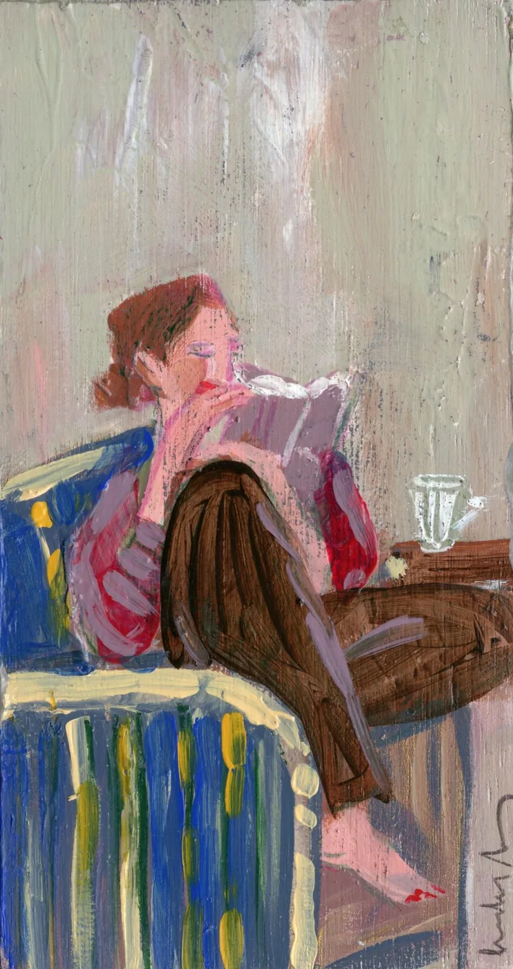 Lourdes Ral, A quiet afternoon with Theodor Kallifatides, 90 euro, Mixed technique on wood, unframed, 17x9 cm