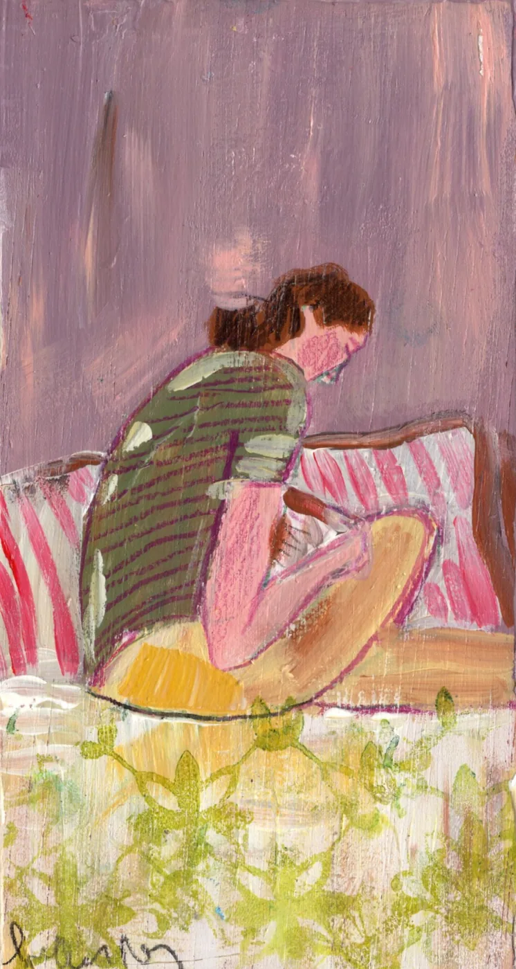 Lourdes Ral, Still reading, 90 euro, Mixed technique on wood, unframed, 17x9 cm
