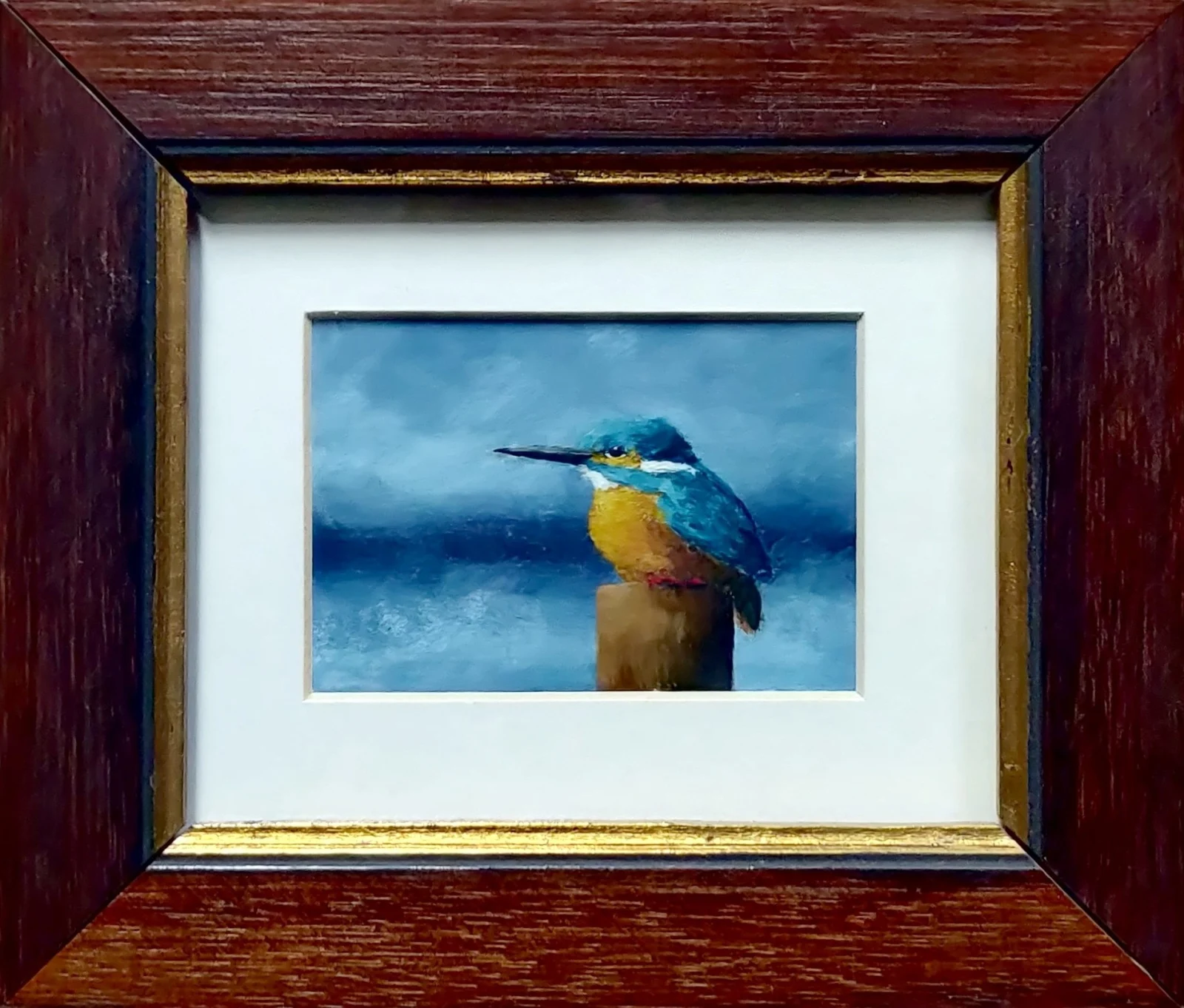 Marc van der Zwet, IJsvogel op paaltje met blauwe horizon, 150 euro, Oil on paper in wooden frame, 10,3x7,8 cm excl. frame
