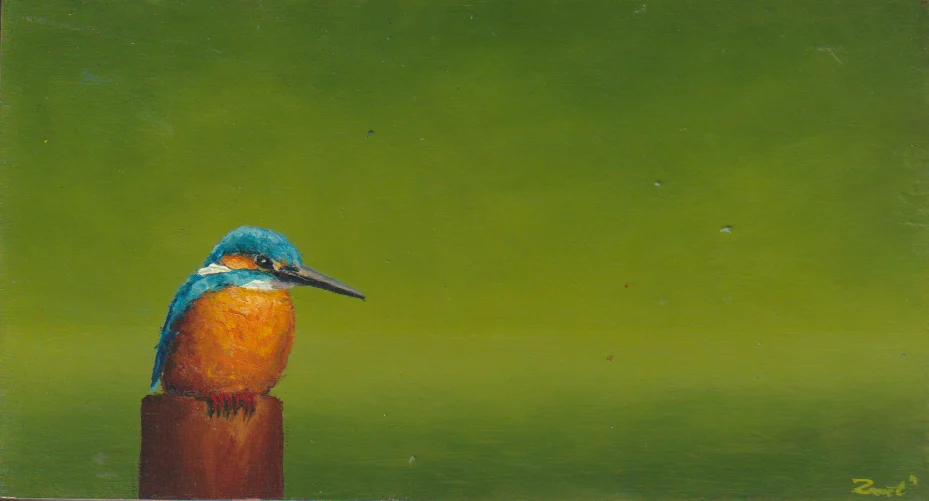 Marc van der Zwet, IJsvogel op paaltje met groene horizon, 270 euro, Oil on oak, unframed, 15,8x8,4 cm