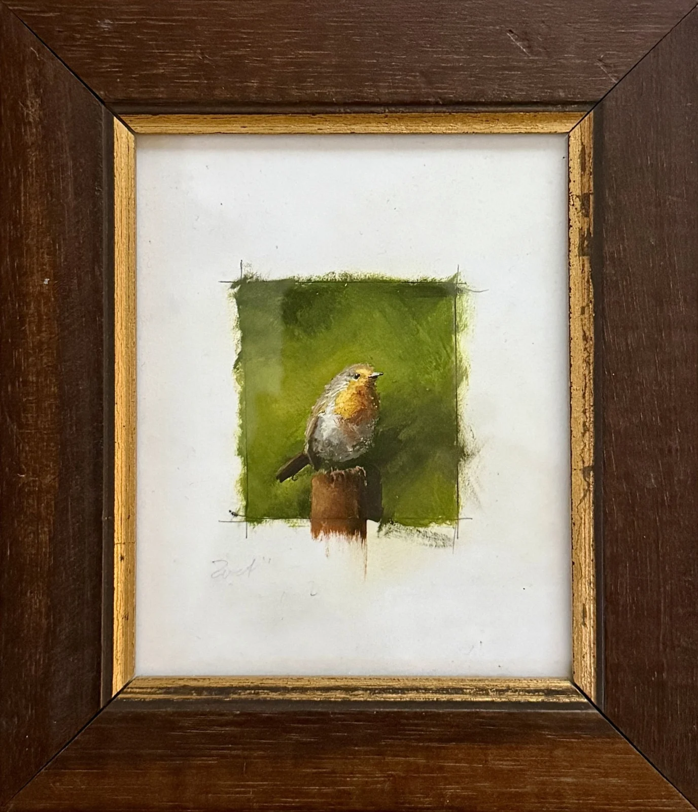 Marc van der Zwet, Roodborst op paaltje op groen, 150 euro, Oil on paper in wooden frame, 4,6x5,2 cm excl. frame