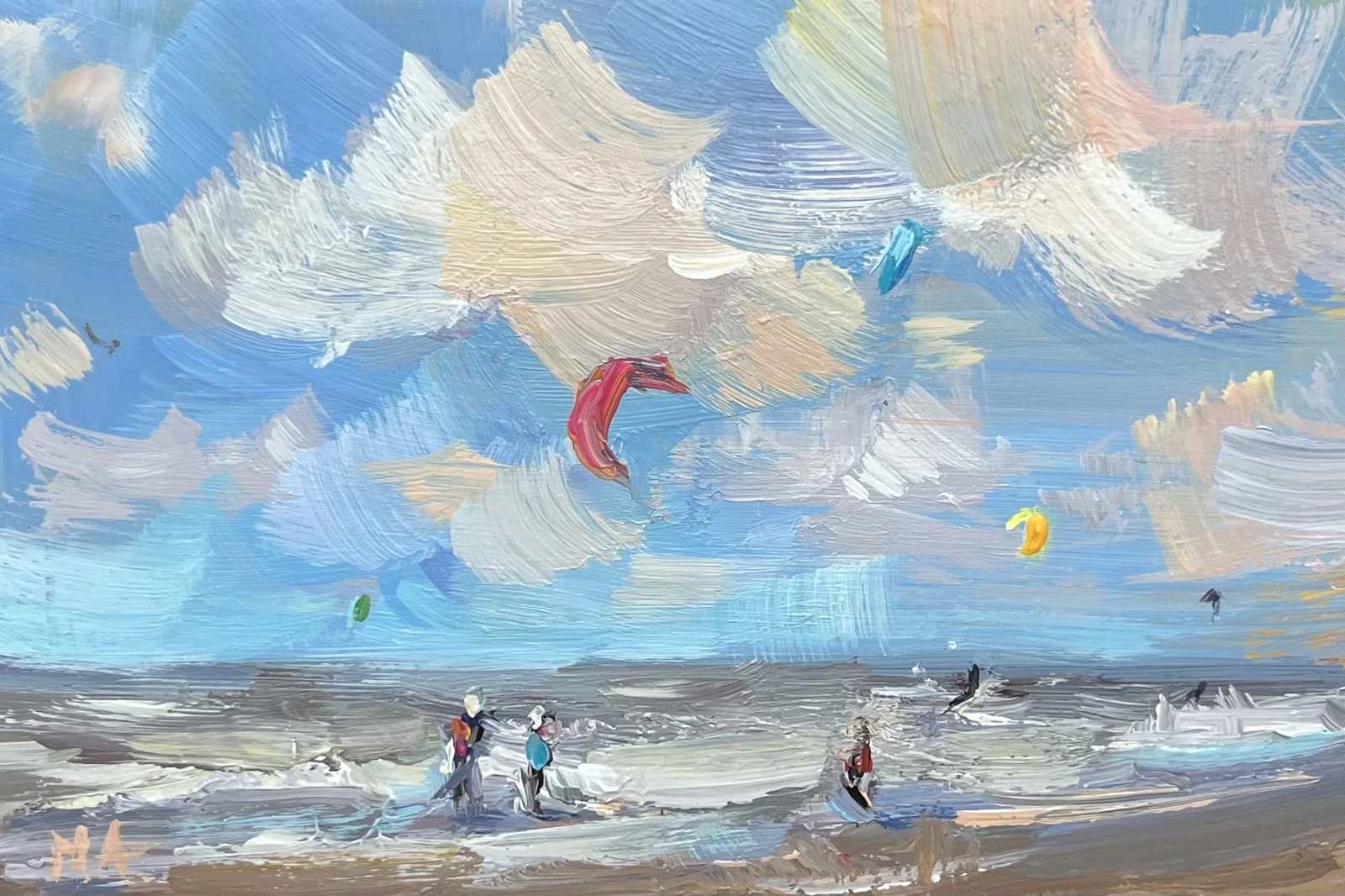 Marieke Ackerman, Kites aan het strand, 125 euro, Acrylic on panel in wooden frame, 10x15 cm