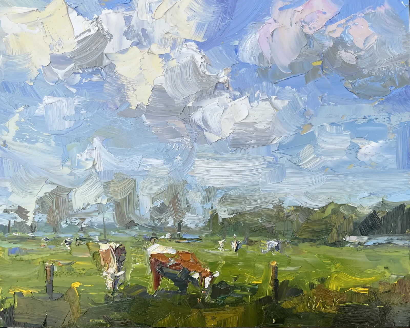 Marieke Ackerman, Koeien in de lente, 425 euro, Oil on panel in wooden frame, 24x30 cm