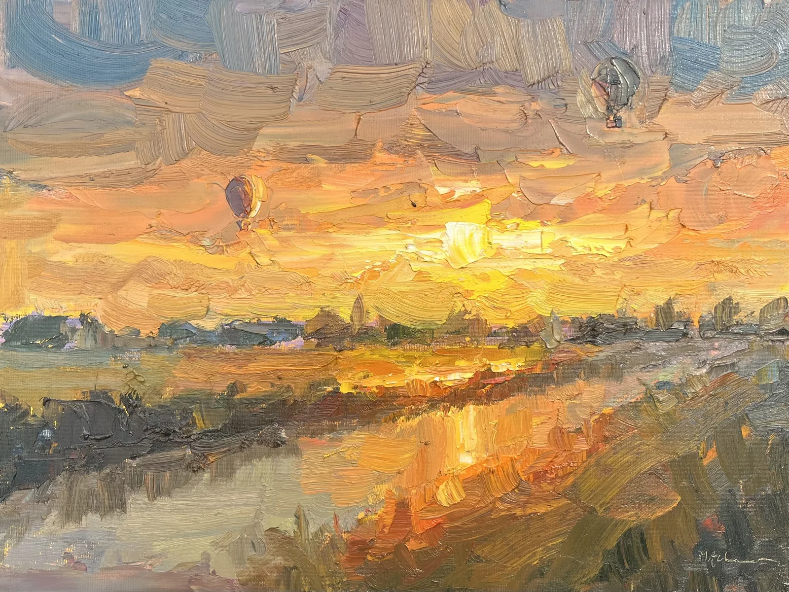 Marieke Ackerman, Luchtballonnen bij zonsondergang, 600 euro, Oil on panel in wooden frame, 30x40 cm