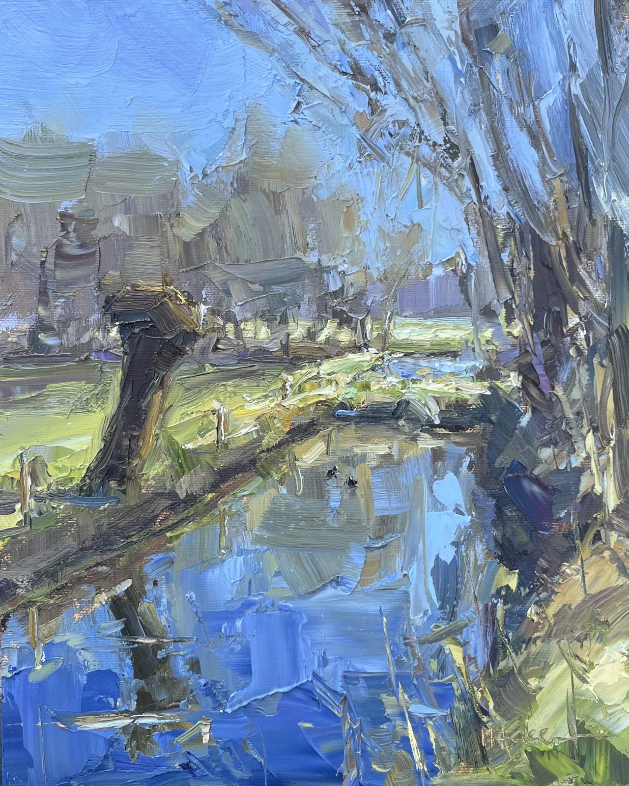 Marieke Ackerman, Meerkoeten in de sloot, 425 euro, Oil on panel in wooden frame, 24x30 cm