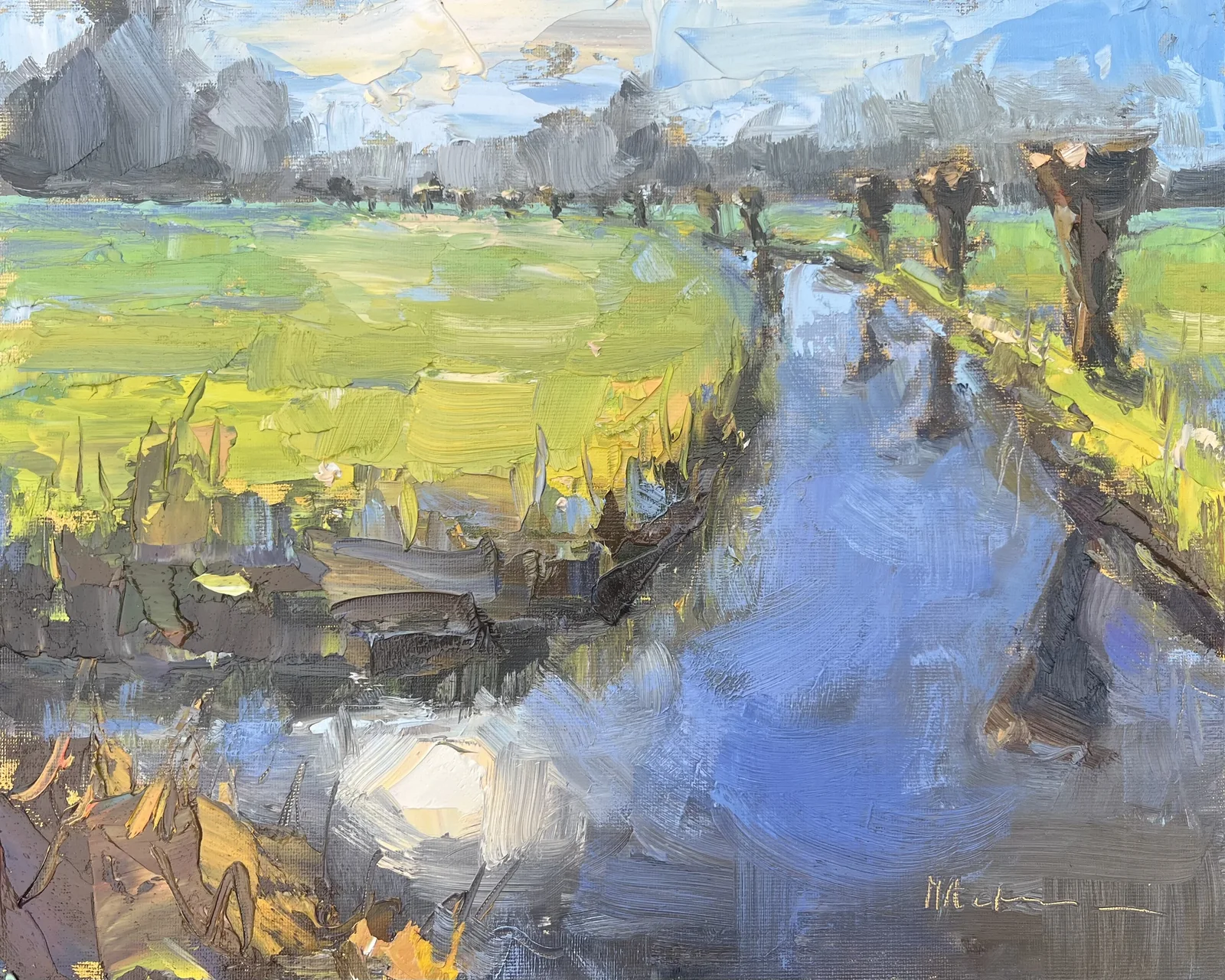 Marieke Ackerman, Zonreflectie, 425 euro, Oil on panel in wooden frame, 24x30 cm